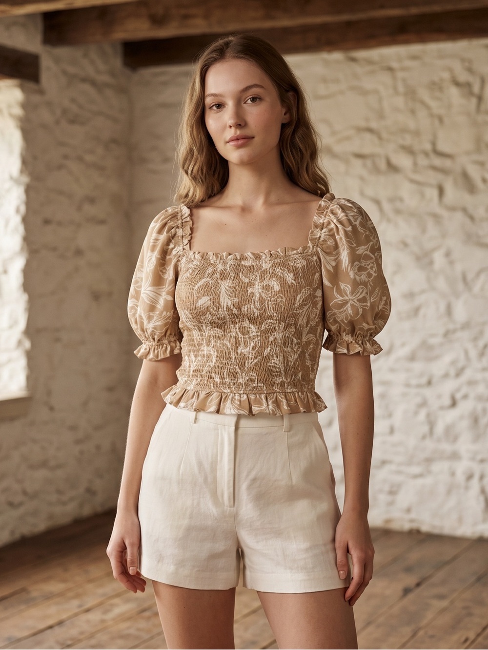 Promesa Sand Floral Puff Sleeve Crop Top Effortlessly Romantic Vintage Touch